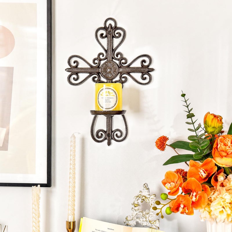 Sungmor Cast Iron Wall Candle Sconce, Decorative Wall Cross Candleholder Wall Mount Tealight Flameless Candle Stand, Wall Hanging Pillar Candle Holders Kitchen Dining Living Room Bedroom Patio Decor - Image 2